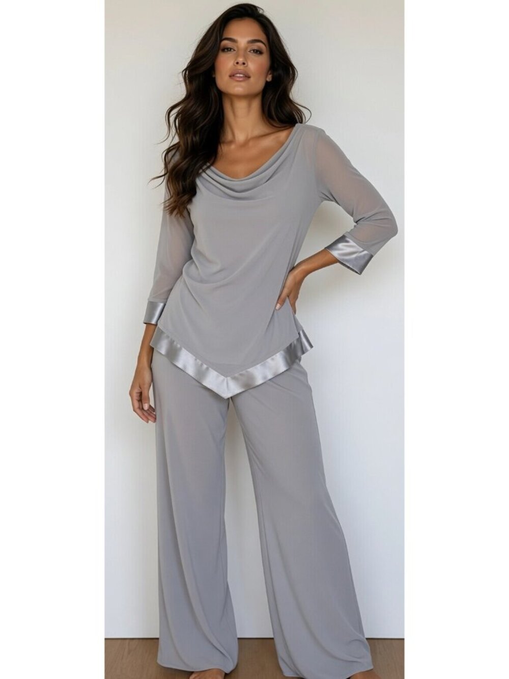 Vintage DANA KAY Gray Chiffon Pants + Blouse Top 2PC Suit Set